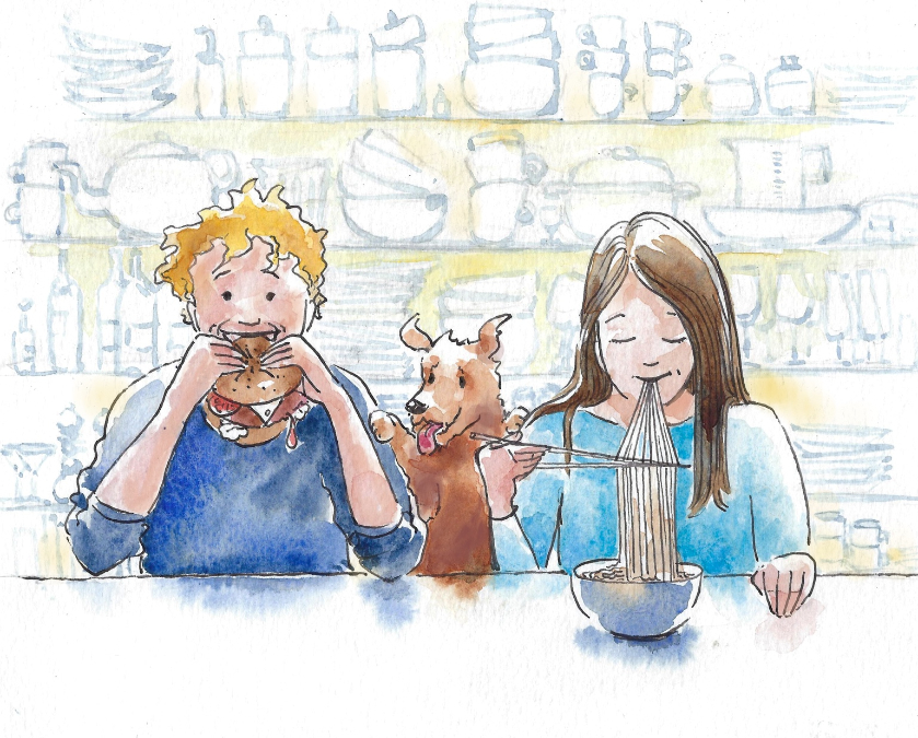 illustratie jongen en meisje eten een maaltijd