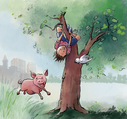 Kinderboek illustratie varken en kind in boom