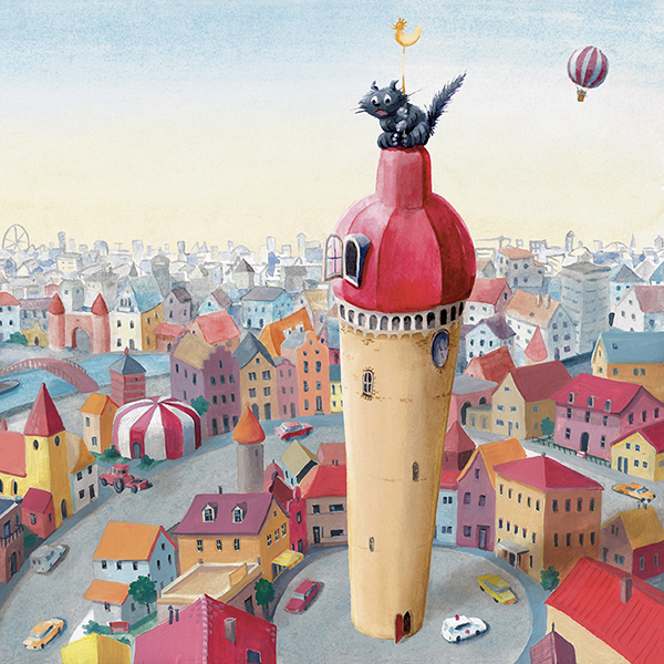 Kat in toren kinderboekillustratie van Sabine van der Ploeg
